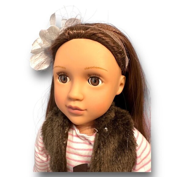 Sienna 18" Doll With Long Brown Hair Wearing Pink Skirt & Faux Fur Vest - Picture 6 of 15